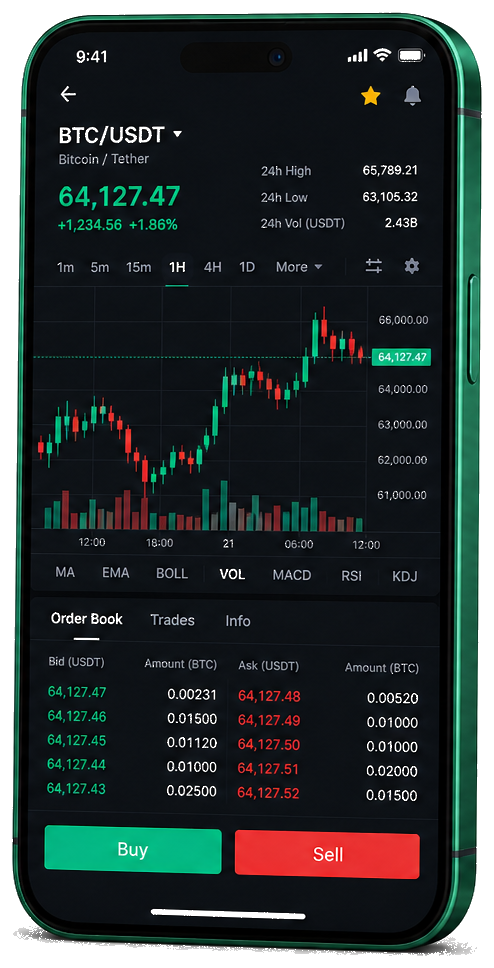 Skvaldrevo mobile app — live BTC/USDT charts, order book, and trading features